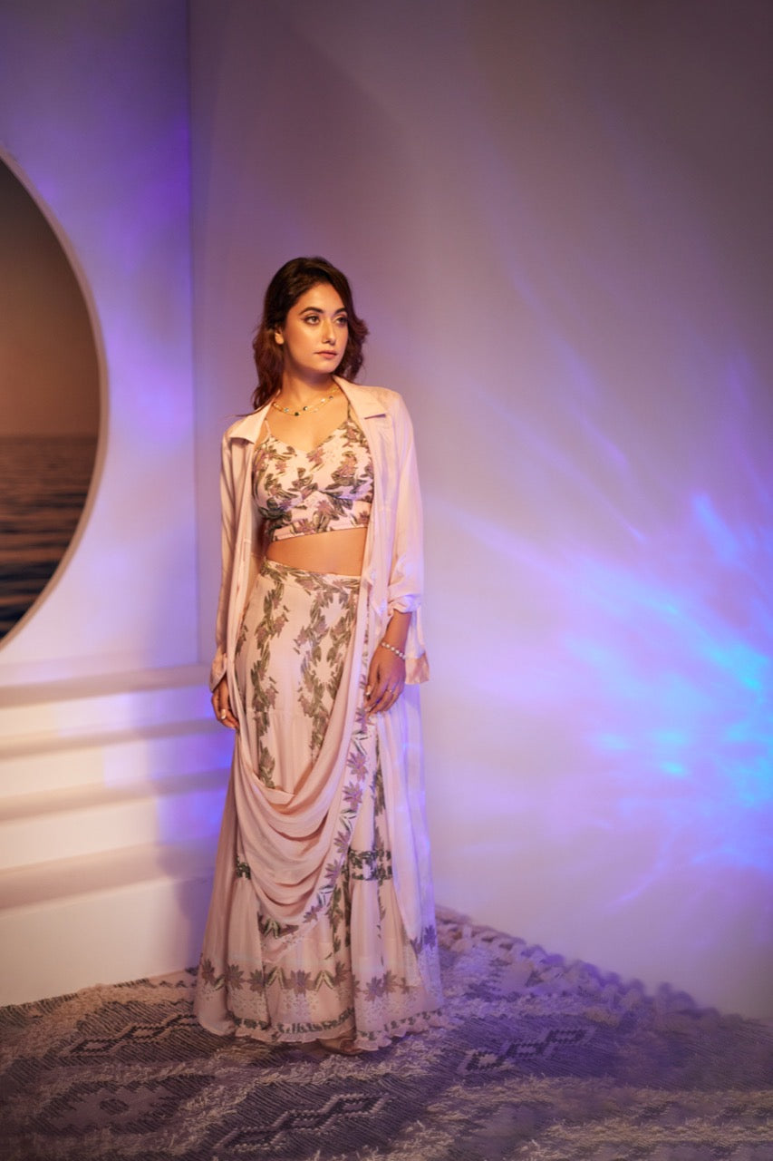 Pastel Pink Pre Draped - Saree Skirt with blouse and over coat