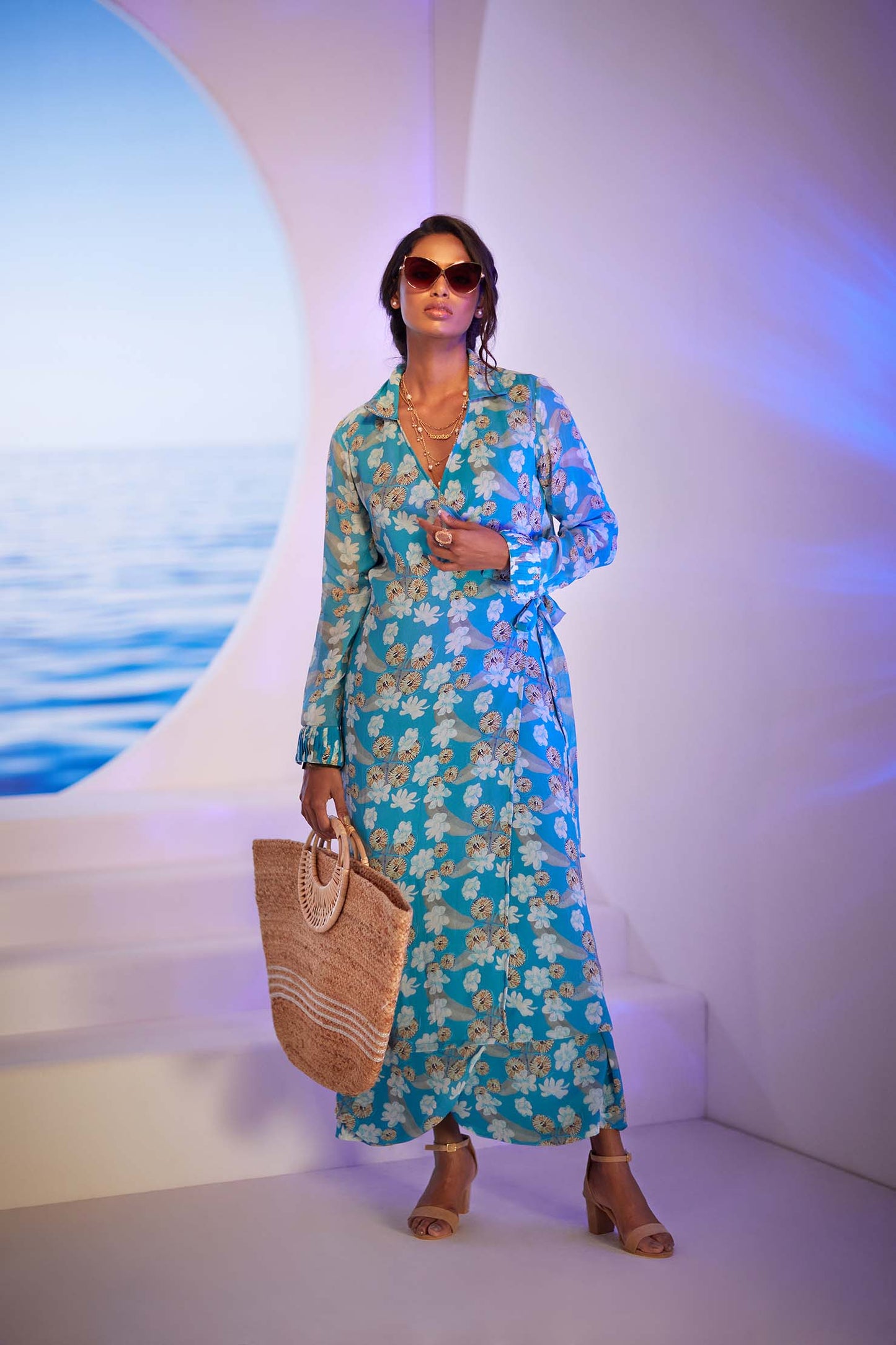 Marina Wrap skirt with Overcoat and silver shimmer blouse