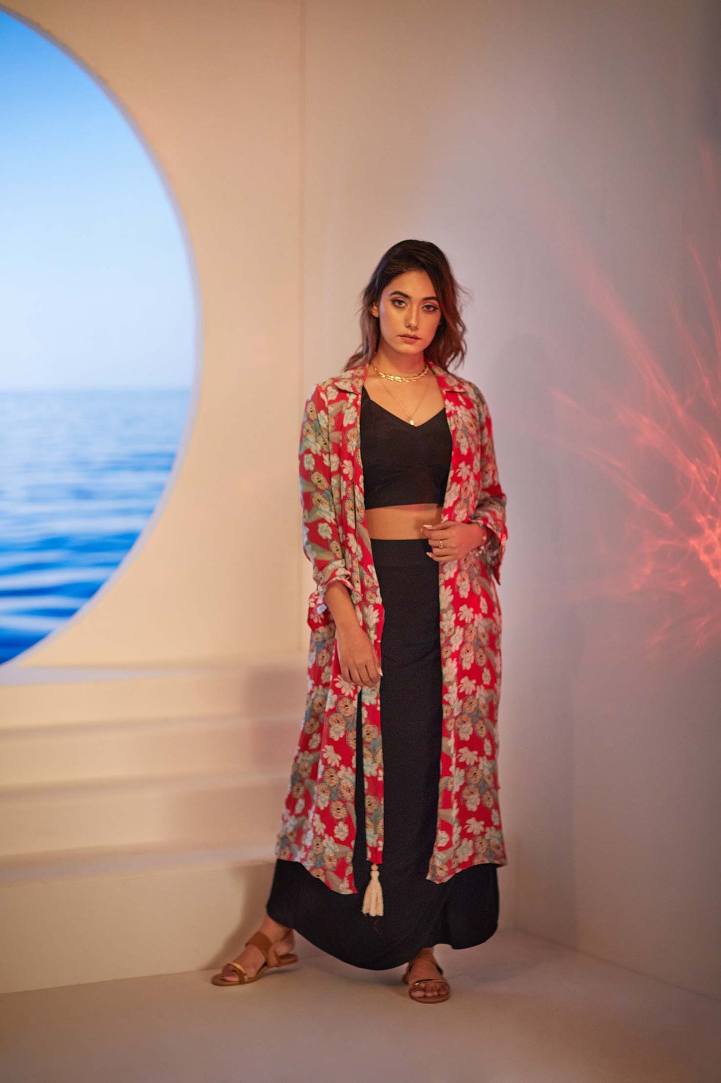 Hot Red Hibiscus overcoat with black wrap skirt and blouse set