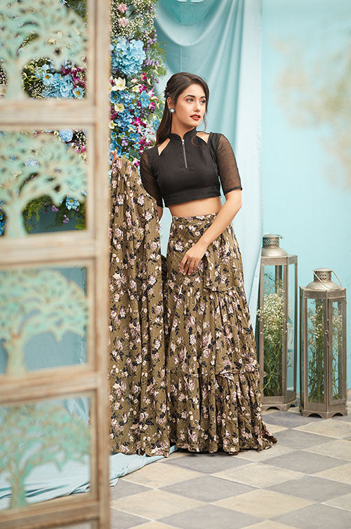 Earthy green Layered Saree Skirt