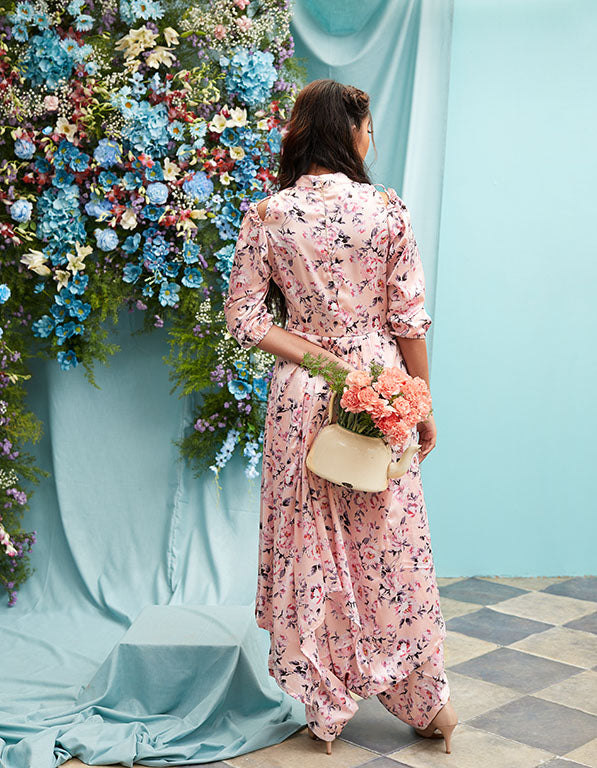 Pastel Pink Kurti Dhoti Jumpsuit Dress with side and shoulder cut