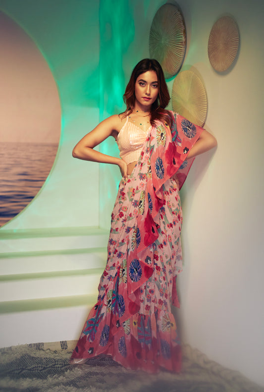 Poppy Pink - Ready To Wear Ruffle saree with blouse