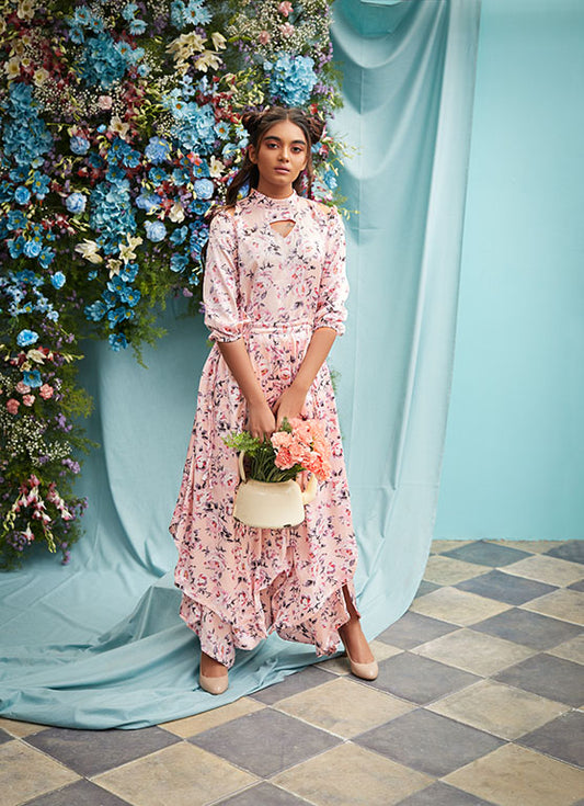 Pastel Pink Kurti Dhoti Jumpsuit Dress with side and shoulder cut