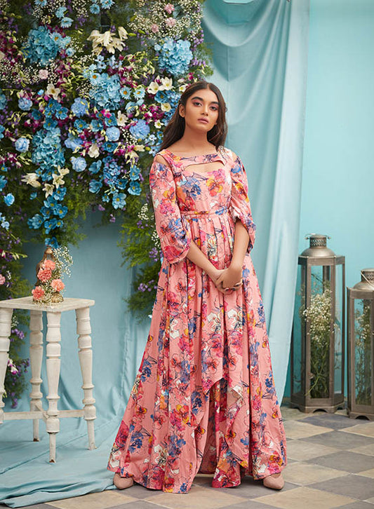 Coral Drizzle Palazzo Jumpsuit Saree front cut Dress with shoulder cuts