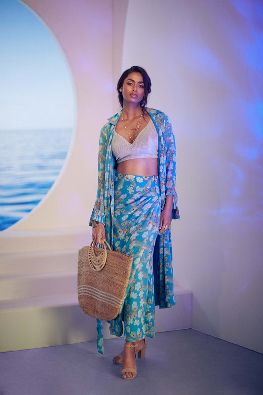 Marina Wrap skirt with Overcoat and silver shimmer blouse