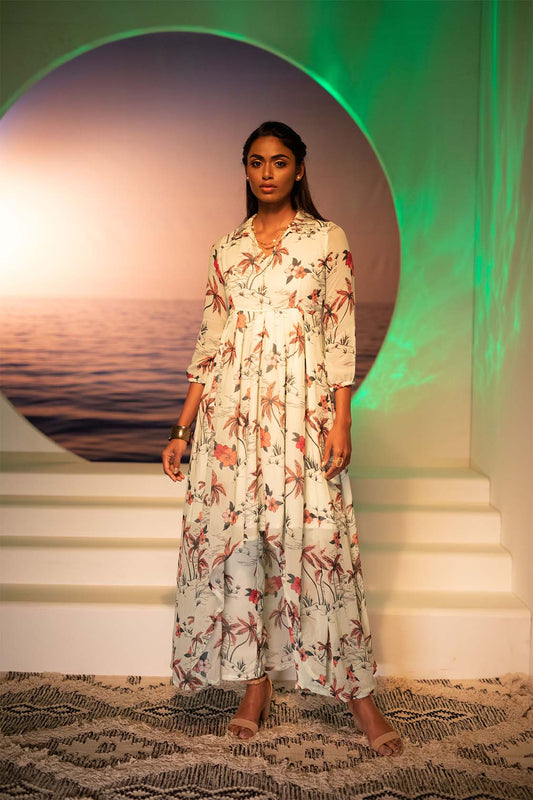 Sand Green Tropical Palm Treen printed Kurti Palazzo